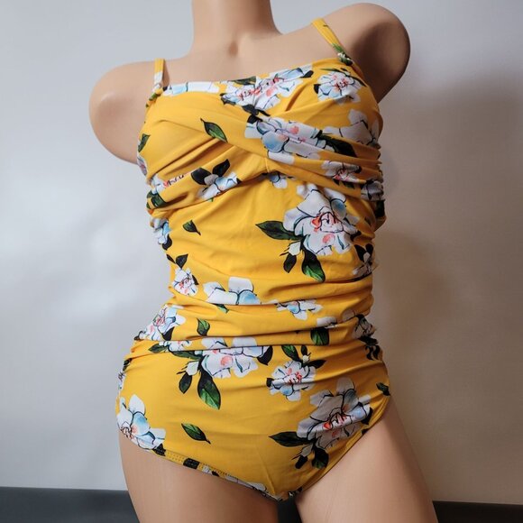 NWT - Smismivo Yellow Floral One-Piece Swimsuit With Ruched Front & Adjustable S - Picture 9 of 16